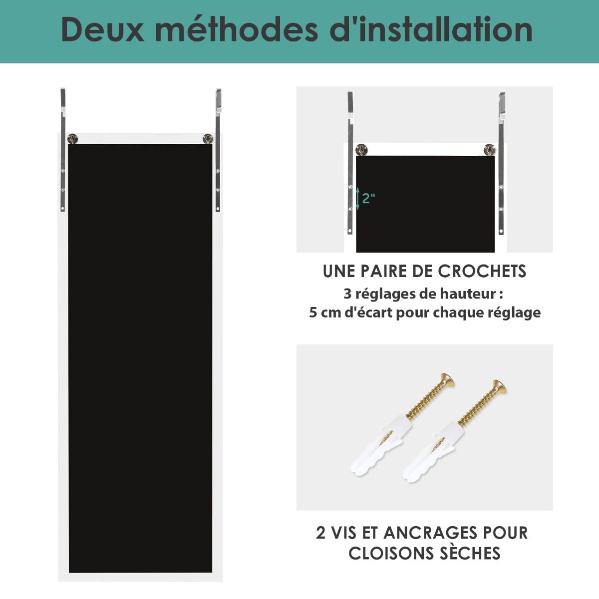 Miroir Mural Suspendu Miroir De Porte 120 X 37 CM Avec Crochets De Suspension Pour Chambre Salon Vestiaire Noir/Blanc/Or
