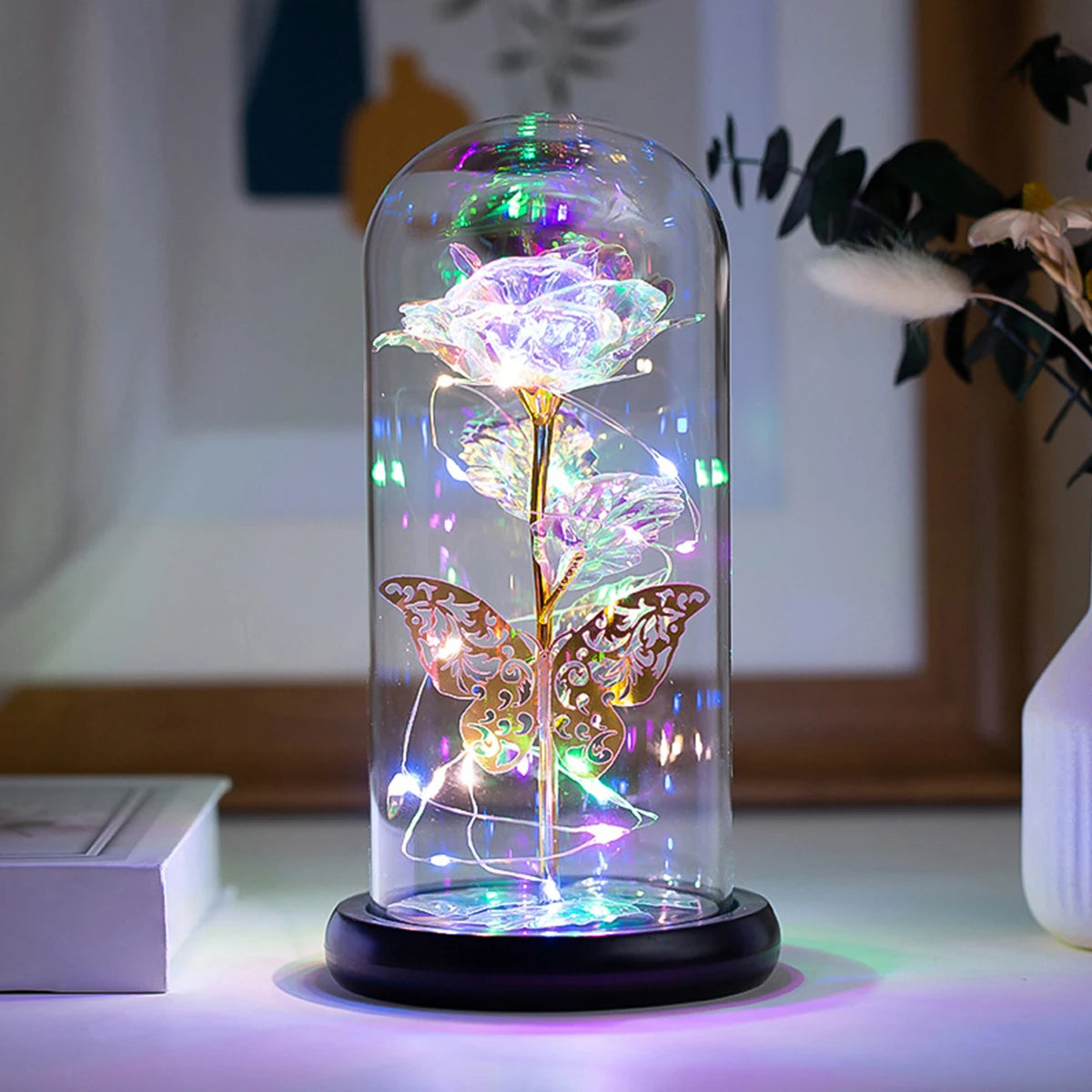 Rose Light Artificial Rose Light with Butterfly Colorful Led Rose Light with Glass Cover Rose Light for Wedding Valentine'S Day
