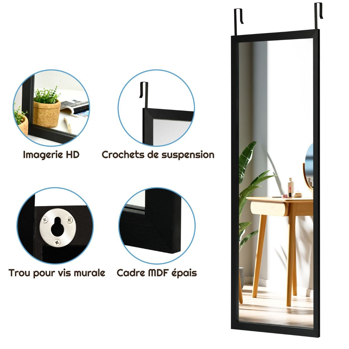 Miroir Mural Suspendu Miroir De Porte 120 X 37 CM Avec Crochets De Suspension Pour Chambre Salon Vestiaire Noir/Blanc/Or