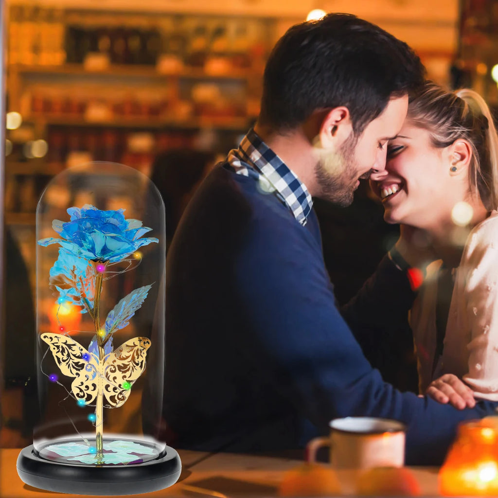 Rose Light Artificial Rose Light with Butterfly Colorful Led Rose Light with Glass Cover Rose Light for Wedding Valentine'S Day