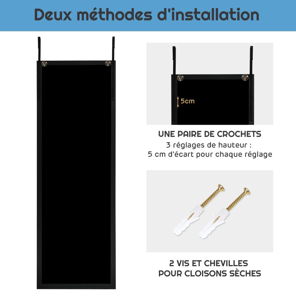 Miroir Mural Suspendu Miroir De Porte 120 X 37 CM Avec Crochets De Suspension Pour Chambre Salon Vestiaire Noir/Blanc/Or