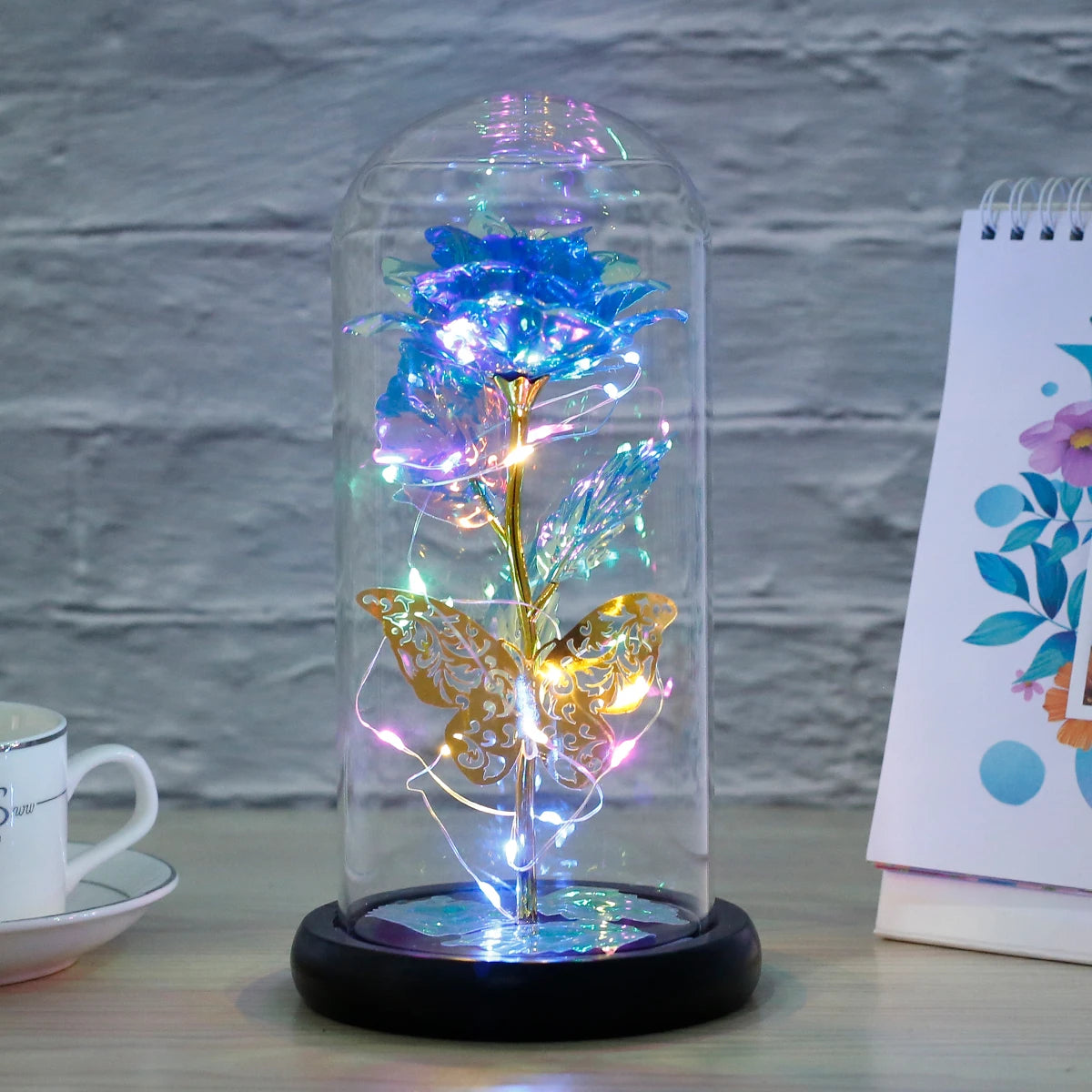 Rose Light Artificial Rose Light with Butterfly Colorful Led Rose Light with Glass Cover Rose Light for Wedding Valentine'S Day