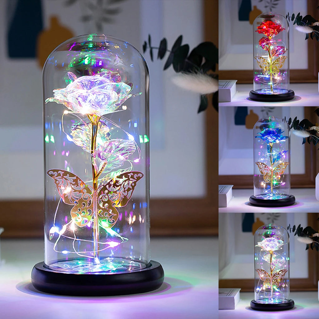 Rose Light Artificial Rose Light with Butterfly Colorful Led Rose Light with Glass Cover Rose Light for Wedding Valentine'S Day