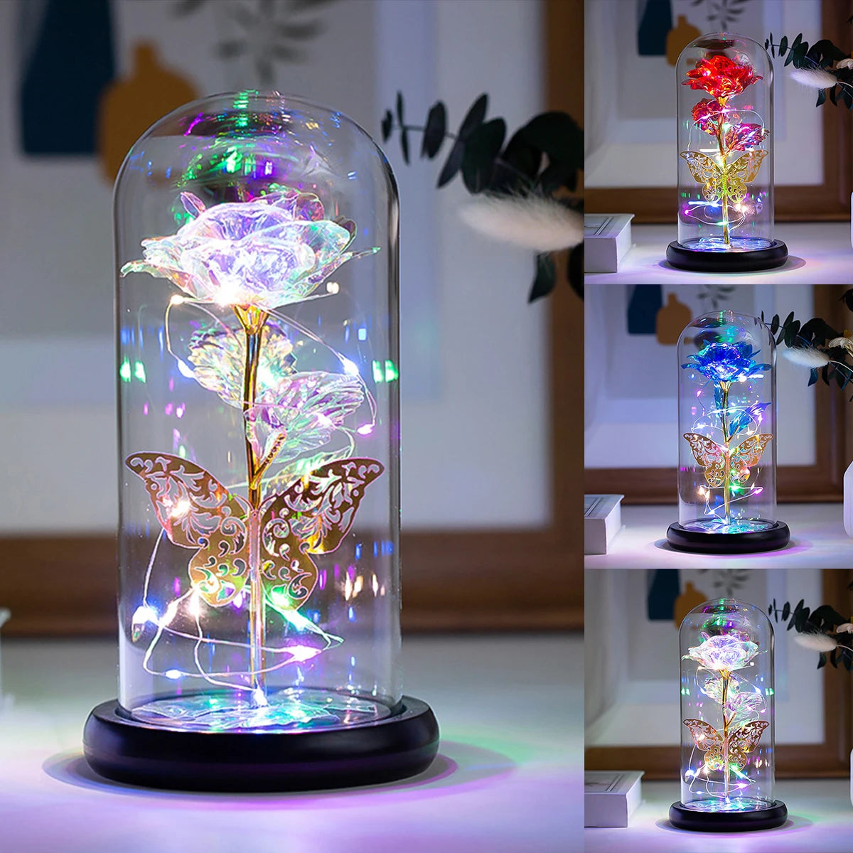 Rose Light Artificial Rose Light with Butterfly Colorful Led Rose Light with Glass Cover Rose Light for Wedding Valentine'S Day