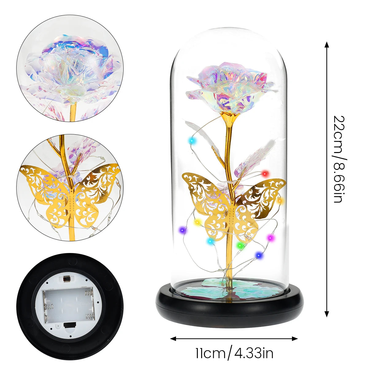 Rose Light Artificial Rose Light with Butterfly Colorful Led Rose Light with Glass Cover Rose Light for Wedding Valentine'S Day