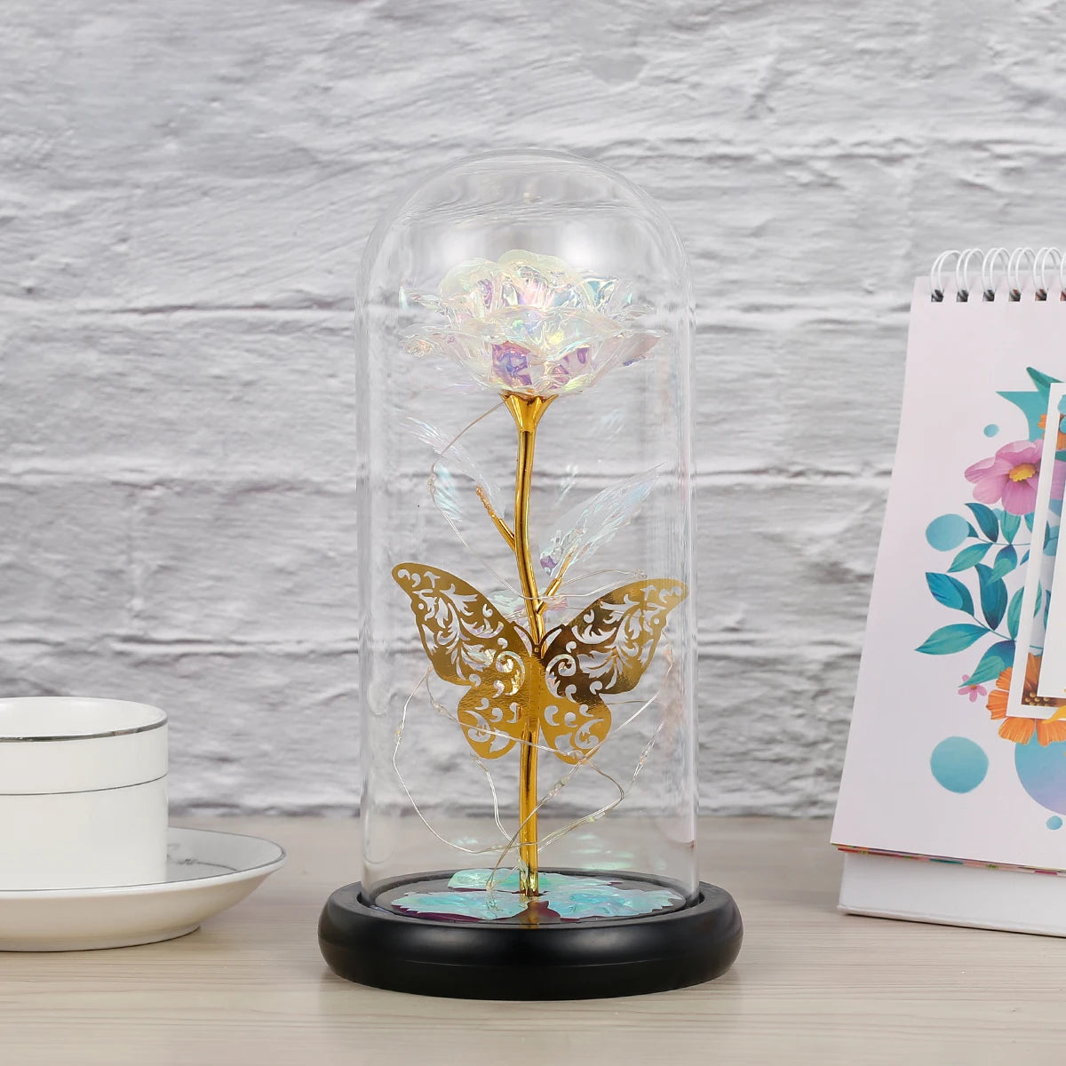 Rose Light Artificial Rose Light with Butterfly Colorful Led Rose Light with Glass Cover Rose Light for Wedding Valentine'S Day