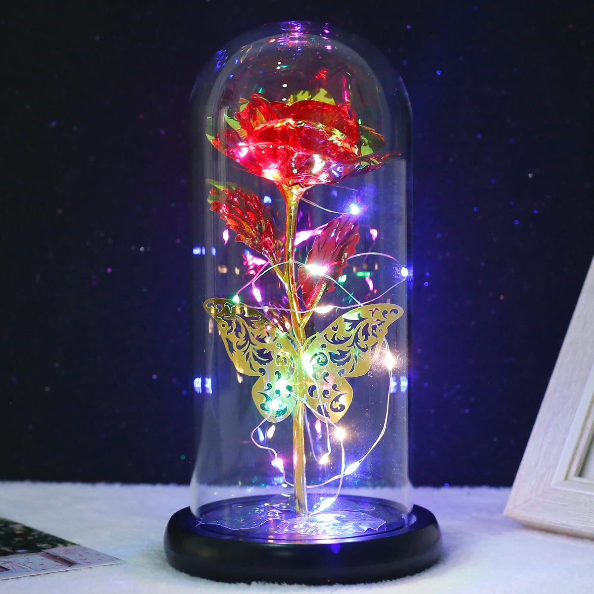 Rose Light Artificial Rose Light with Butterfly Colorful Led Rose Light with Glass Cover Rose Light for Wedding Valentine'S Day